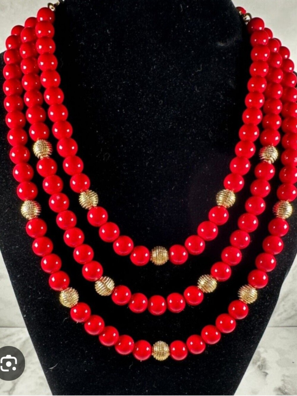 Talbots Red and Gold Three-Strand Beaded Necklace